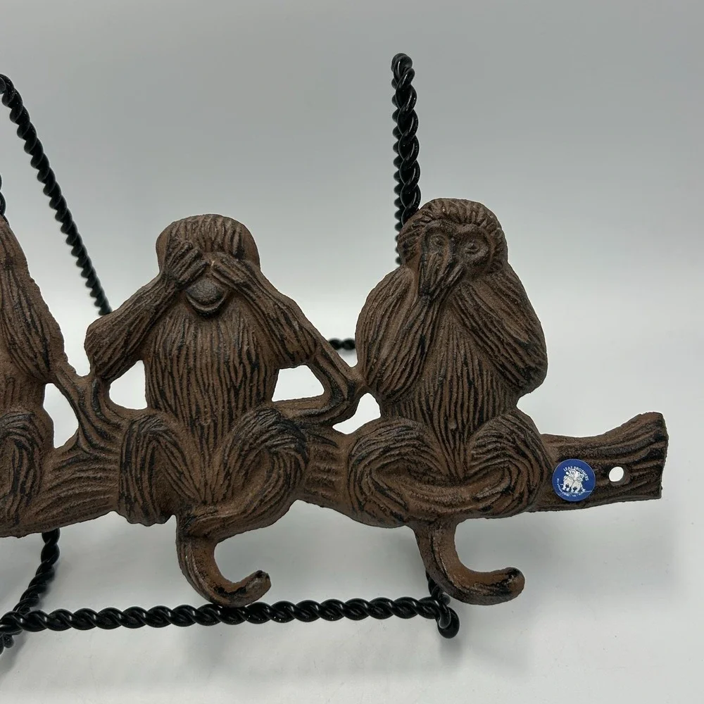 Cast Iron Monkey Hooks Wise Hear See Speak No Evil Coat Hat Key Wall Hanger